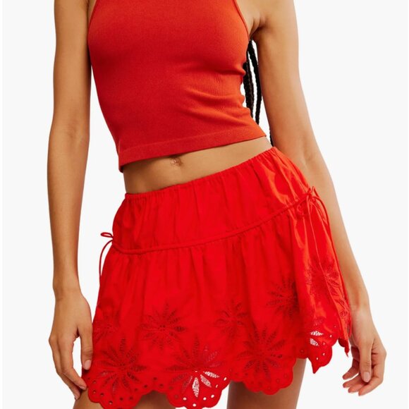 Free People Red skirt Wildest Dream Eyelet Embroidery Miniskirt Sz L New - Picture 5 of 8